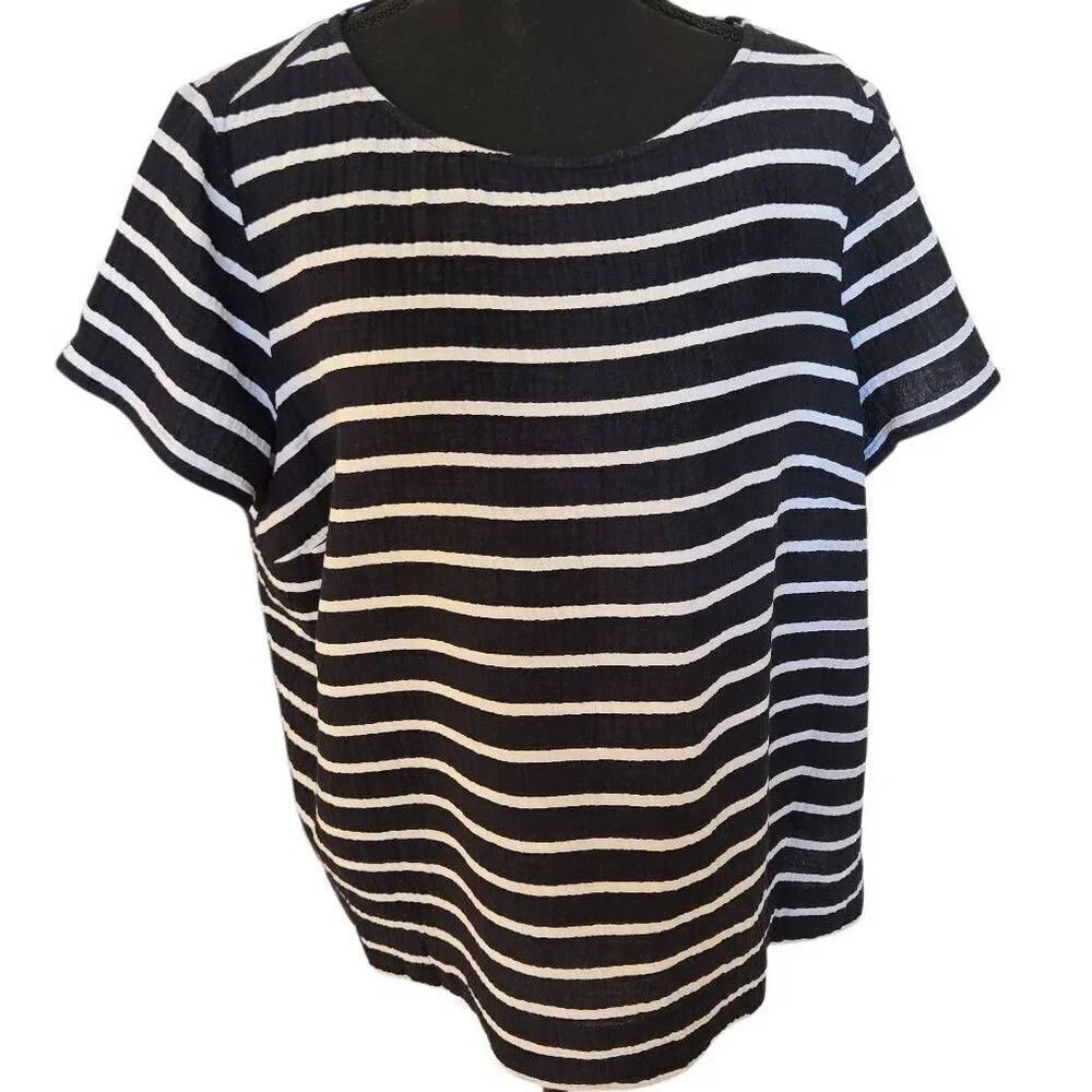J Jill Womens Navy Blue White Striped Short Sleeve Pullover Cotton T Shirt Size